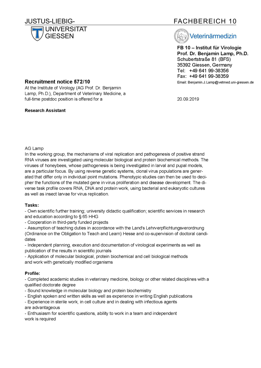 Friedemann1's tweet photo. Our new professor in the institute, Benjamin Lamp, has an open postdoc position on molecular aspects of bee virus pathogenesis. 

His email is Benjamin.J.Lamp@vetmed.uni-giessen.de

Weblink (sorry, in German…): https://t.co/2D0lj3OSTD https://t.co/iuZfW949Bk