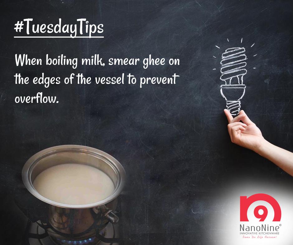 NanoNineOnline's tweet photo. When boiling milk, smear ghee on the edges of the vessel to prevent overflow.
#NanoNine #KitchenTips #KitchenHacks #BoilingMilk #TuesdayTips https://t.co/L7TpifhI6u