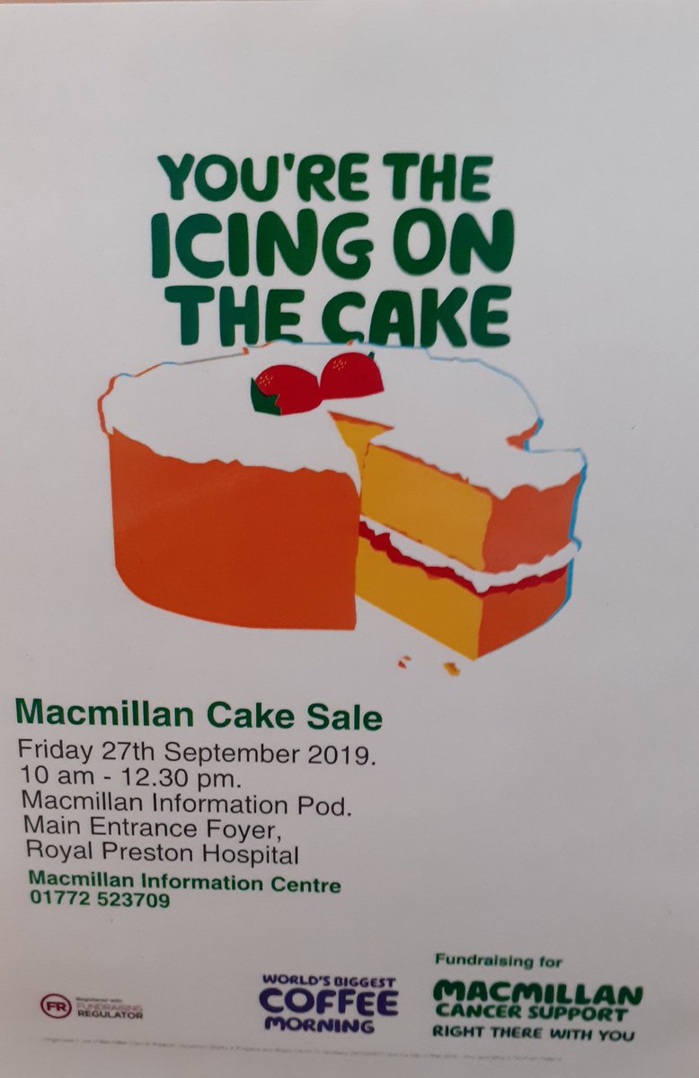michdavis18's tweet photo. Come along to our Big Macmillan Coffee morning cake sale, Friday 27th September, at the Macmillan information pod, main entrance foyer, RPH. @LancsHospitals @info_macmillan @macmillancancer https://t.co/32XV4aYNFN