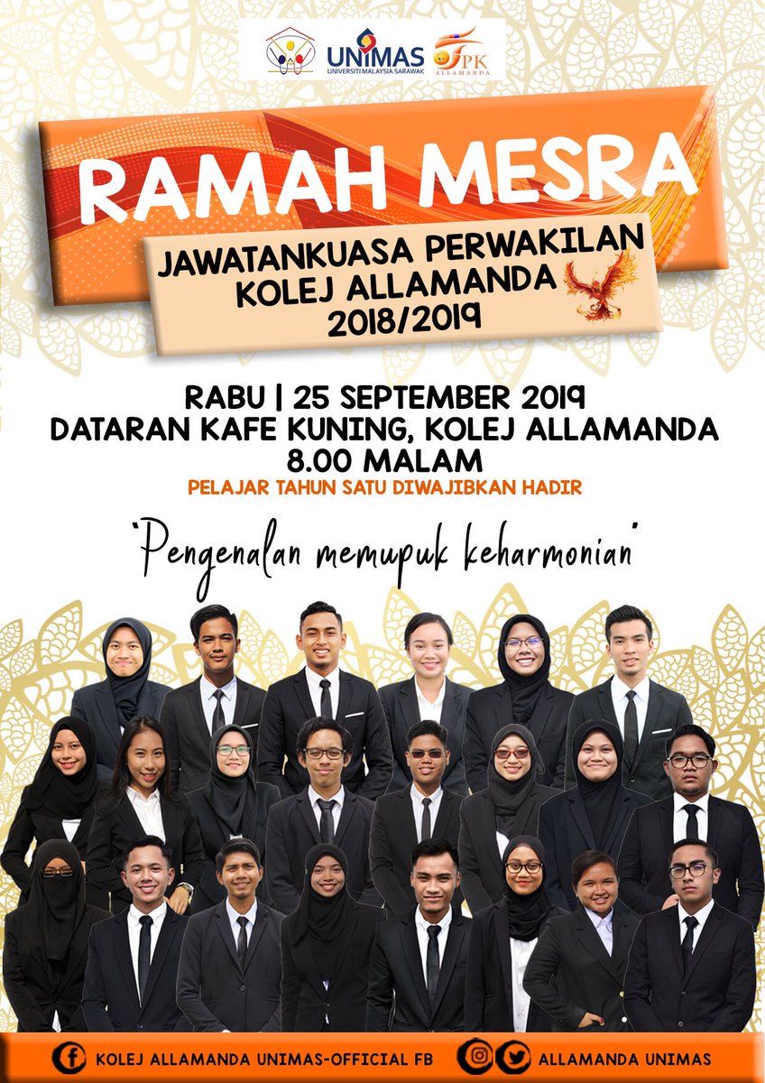 AllamandaUNIMAS's tweet photo. RAMAH MESRA BERSAMA JPK ALLAMANDA 18/19.

Mari bersama sama turun. Min nak tengok muka adik adik baru yang bakal menerajui kolej allamanda. Dapat merit kalau turun!! Jom ramai ramai ajak kawan kawan semua 🧡 https://t.co/dNEReqeiMF