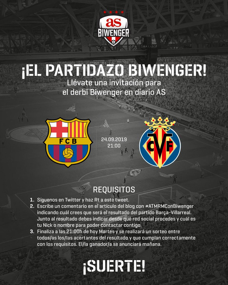 📢Esta jornada "El Partidazo Biwenger" será el Barcelona-Villarreal. Hoy sorteamos 8 invitaciones para el derbi ATM-RM en la redacción de <a href="/diarioas/">Diario AS</a>. Participa siguiendo los requisitos ⚽️
Si no hay 8 acertantes se sortearan entre los participantes
😉👇 
biwenger.as.com/blog/el-partid…