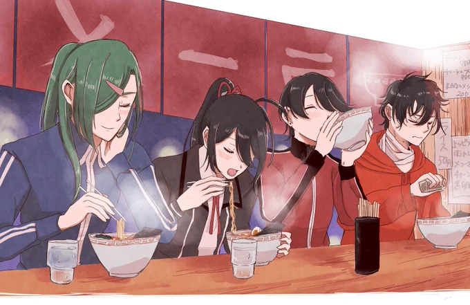 お題箱より、「仲良くご飯食べてる脇差」!
脇差でご飯でも食べておいでって言ったらお休みの合った4振りでラーメン屋に行ったようです。残り4振りのお食事風景については後ほど…! 