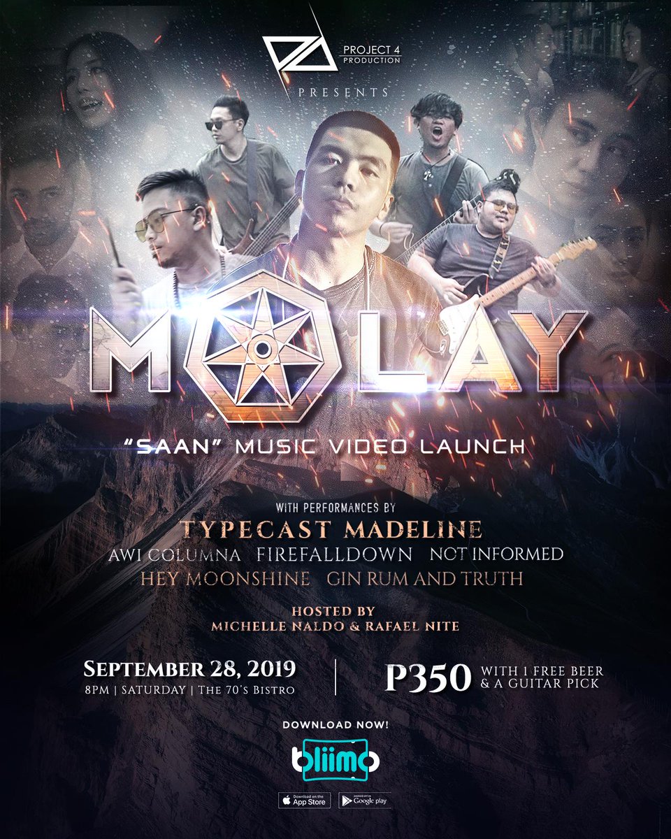 bliimo's tweet photo. Be the first to take a sneak-peek of Molay’s new MV of their hit single “Saan”! See you on Sep. 28 at The 70’s Bistro, QC with many more live performances!🎸

https://t.co/WwIH6TaAnU

Download the Bliimo app NOW! Book, Pay, and Get Your Event Passes All in One App! #BookThereItIs https://t.co/0stfP6KMGO