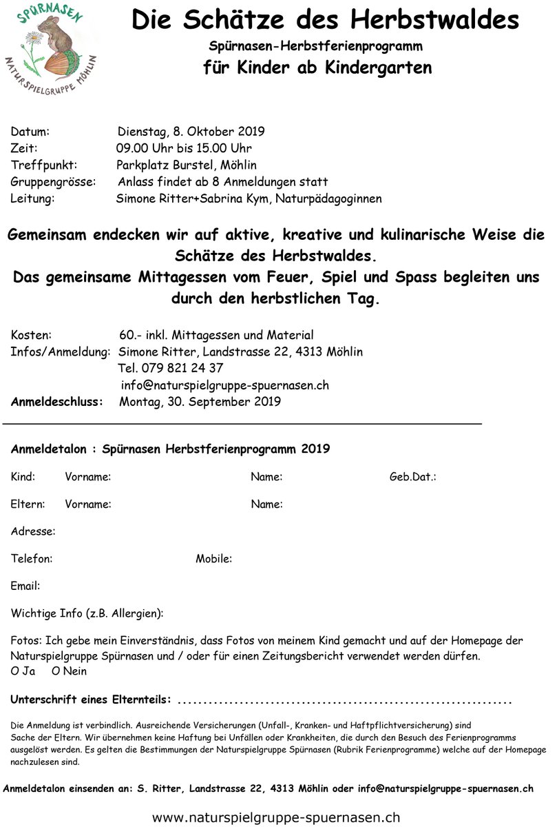 FAZMoehlin's tweet image. Für das #Herbstferienprogramm der #Naturspielgruppe #Spürnasen am Dienstag, 8. Oktober, von 9.00 bis 15.00 Uhr hat es noch freie Plätze. Das Programm ist geeignet für #Kinder ab #Kindergartenalter. - Anmeldeschluss ist der 30. September.