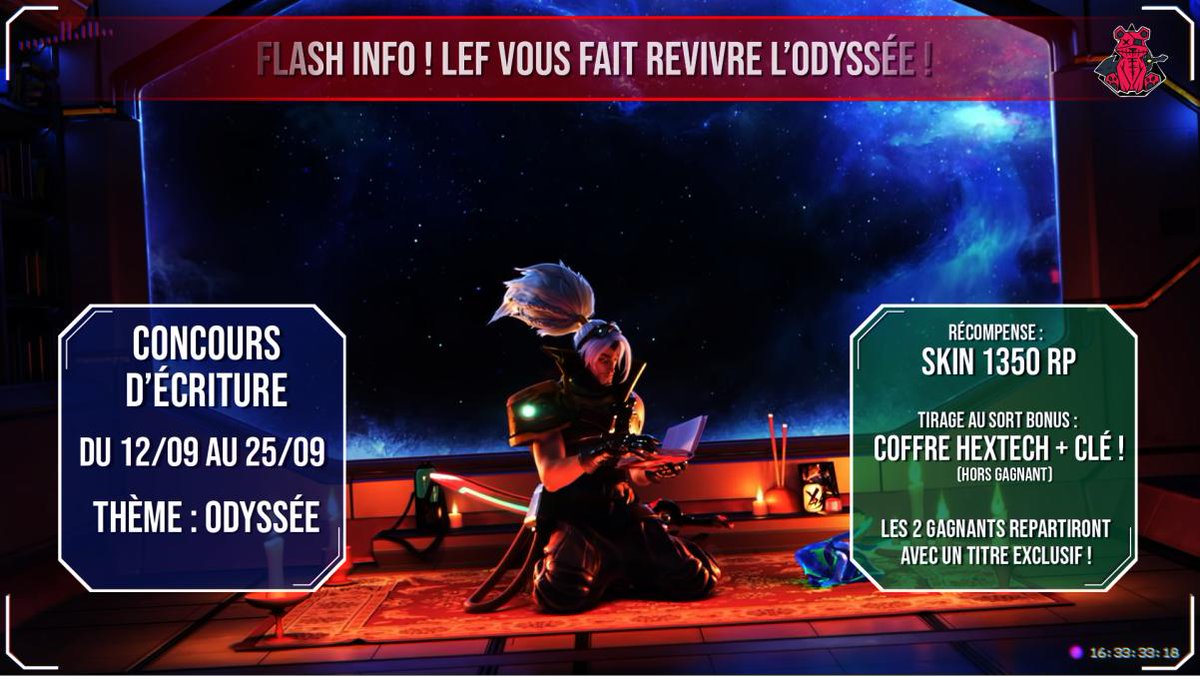 LEF_Community's tweet photo. Il ne vous reste plus que 1 jour afin de vous inscrire et déposer vos œuvres dans les canaux correspondants dans le discord https://t.co/LPzJVLeBBH :
🎨#concours-dessin
🖊️#concours-écriture 
💰Skins et coffres à gagner !!!
Dépêchez-vous !!!!! https://t.co/yc8Nh9ZRKw