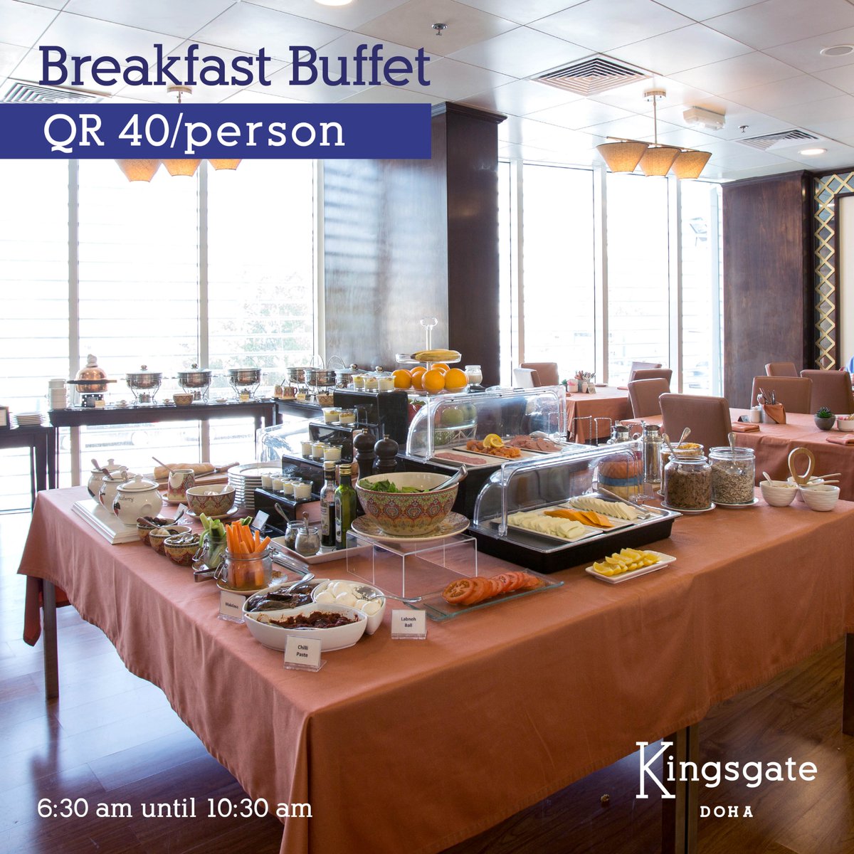 BREAKFAST IS SERVED!
Come down and join us for our scrumptious Breakfast Buffet for ONLY QR 40/person, served from 6:30 am until 10:30 am!

#BreakfastBuffet #KingsgateDoha #Hotel #DohaQatar
