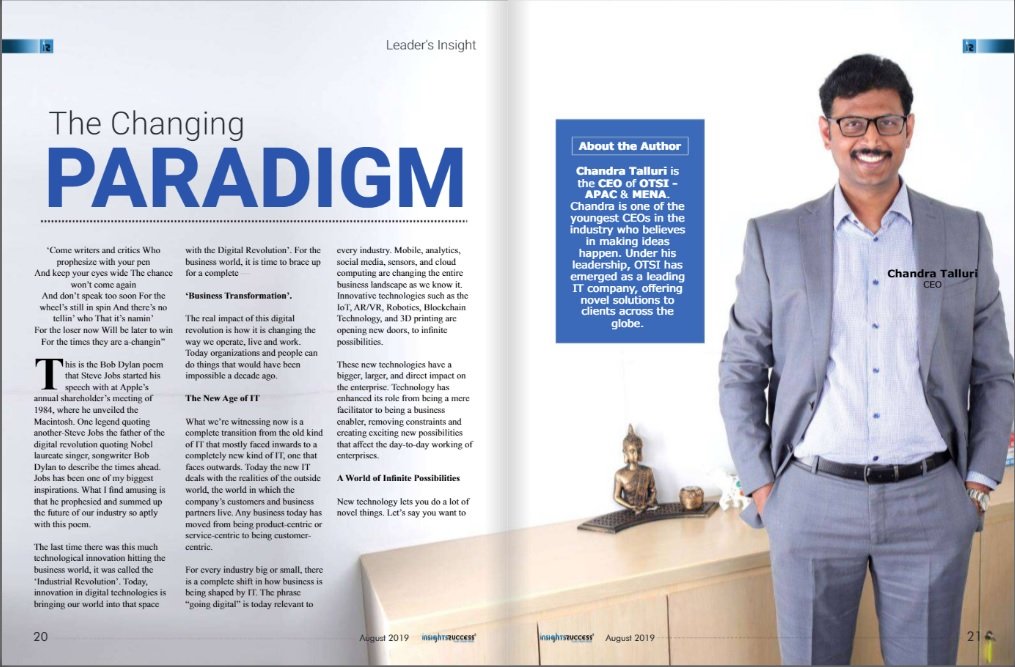 Read our CEO's (APAC &amp; MENA) views on "How Technologies are influencing different Businesses", published in the latest edition of InsightsSuccess magazine: bit.ly/2mhxC1i
#BusinessTransformation #ITforBusiness