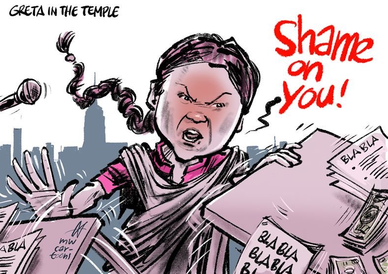 SHAME ON YOU! @GretaThunberg in the #temple. #gretathunberg #climatechange #climatesummit #environment @NewYorker #NewYork  NewYork.co.uk #blablabla #jezus #temple @CartooningPeace @cartoonmovement @Joop_nl  #shamenonyou #climatestrike @UNFCCC #UNClimateActionSummit