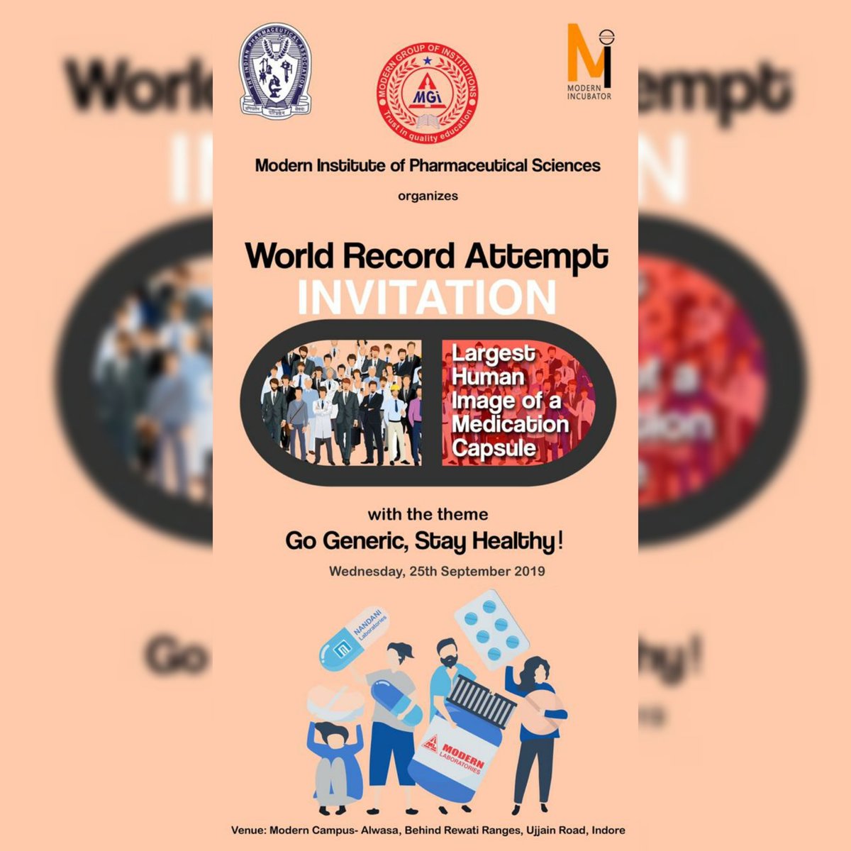 HCWR_MIPS's tweet photo. निमंत्रण निवेदन: 
*Invitation*

Dear Sir/Madame, 
Greetings from Modern Group Of Institutions, Indore.We are inviting you to participate the world record attempt. Please join us and Participate in *Largest Human Image of a Medication Capsule* (Free for all) *World Record Attempt. https://t.co/3HboCRo3mp