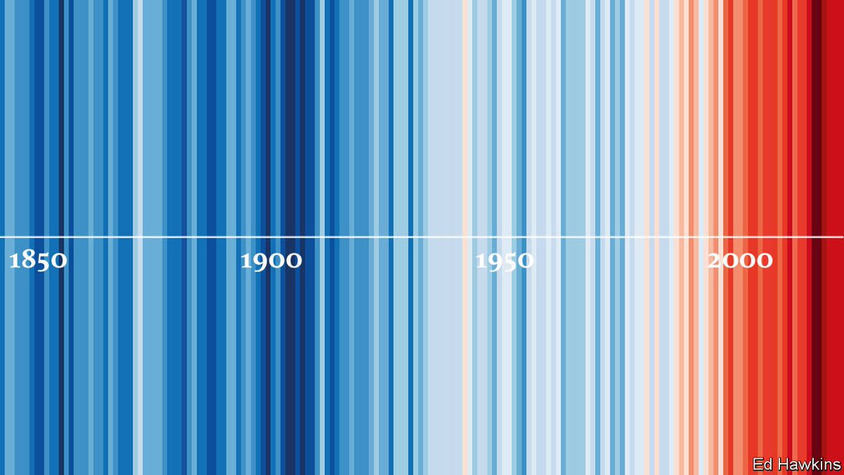 acbconcept's tweet image. La copertina dell'Economist di questa settimana, fortemente di impatto.

170 anni diventano 170 righe verticali, colorate in base al confronto con la temperatura media.
Bisogna agire!

#ClimateChange #ClimateEmergency #CHANGE