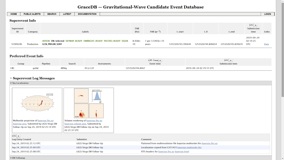 LIGO's tweet photo. It's #BlackHoleWeek day 2 and we have another @LIGO @ego_virgo #GravitationalWaves candidate: #S190924h. #FalseAlarmRate is about once per 35 billion years so it's one of our *stronger* candidates 😎. It was detected by @LIGOLA @LIGOWA *and* @ego_virgo at 02:18:46 UTC #O3ishere https://t.co/K04Cpt894l