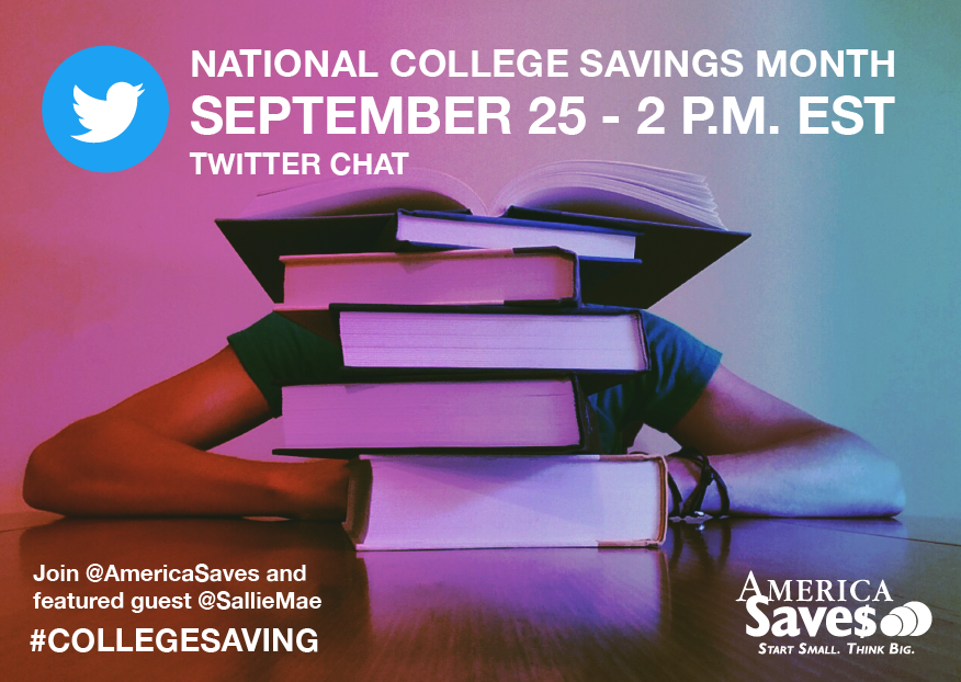 ChelseaGroton's tweet photo. Join @AmericaSaves and @SallieMae for the #CollegeSavings Twitter Chat happening 9/25 at 2pm EDT! #NationalCollegeSavingsMonth #CUGrow https://t.co/X92LQHdmRi