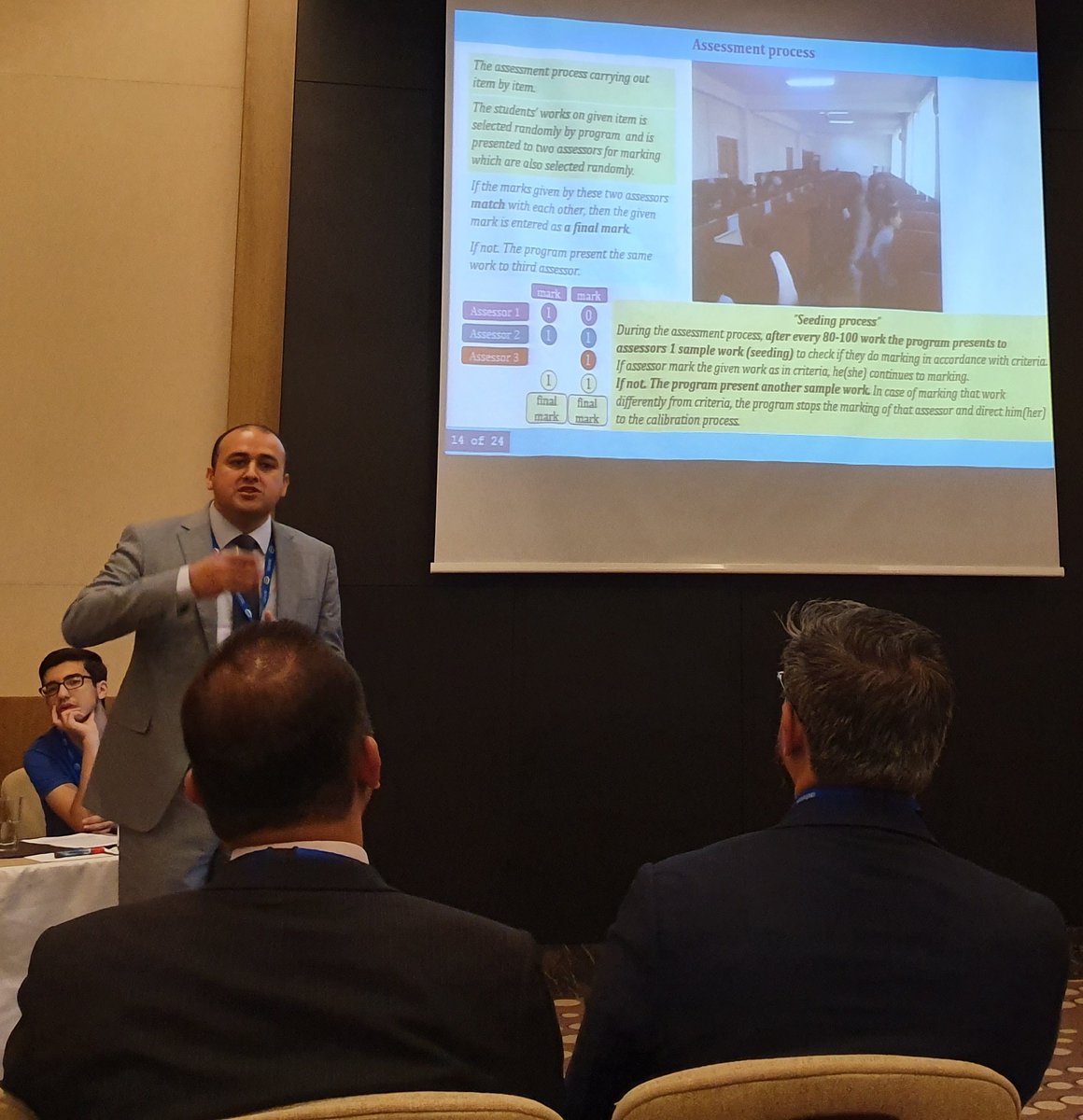 JayParbhoo's tweet photo. Elmir Shirinov (State Examination Center, Azerbaijan) explained how they implement their e-marking of school leaving exams & university entrance examinations. #IAEAconference #Baku @iaea2019 #assessment https://t.co/0PJYKFirOT