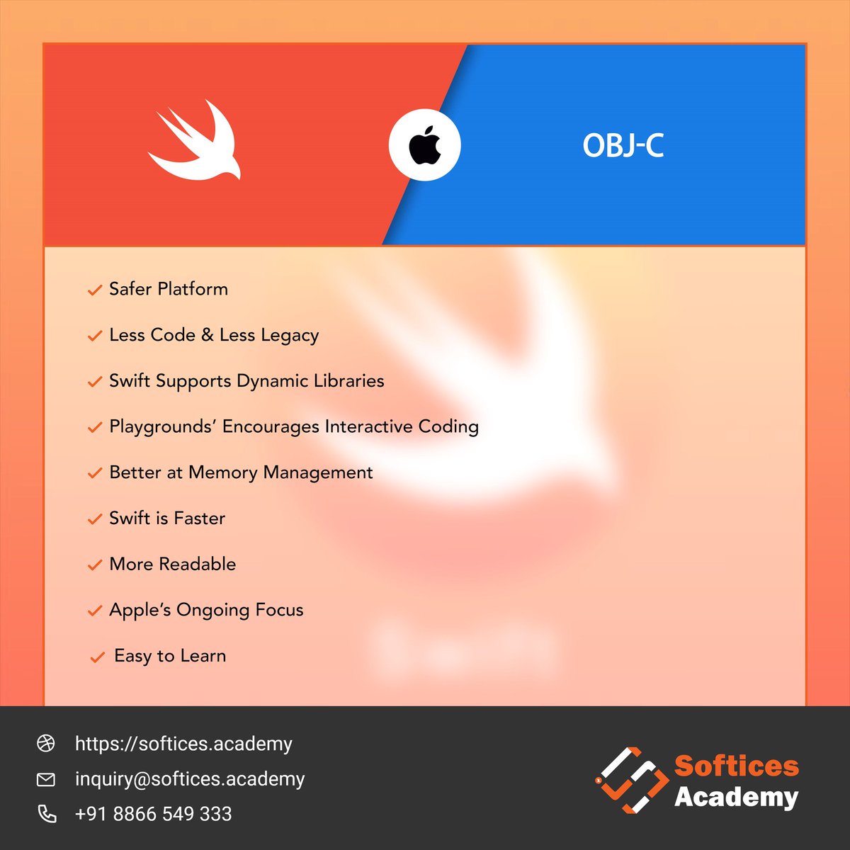 softicesacademy's tweet image. Here’re the reasons why should you consider using Swift language over objective C while developing iOS app.

#iOSDevelopmet #iOSApp #SwiftLanguage #LearniOSdevelopment #LearnSwift