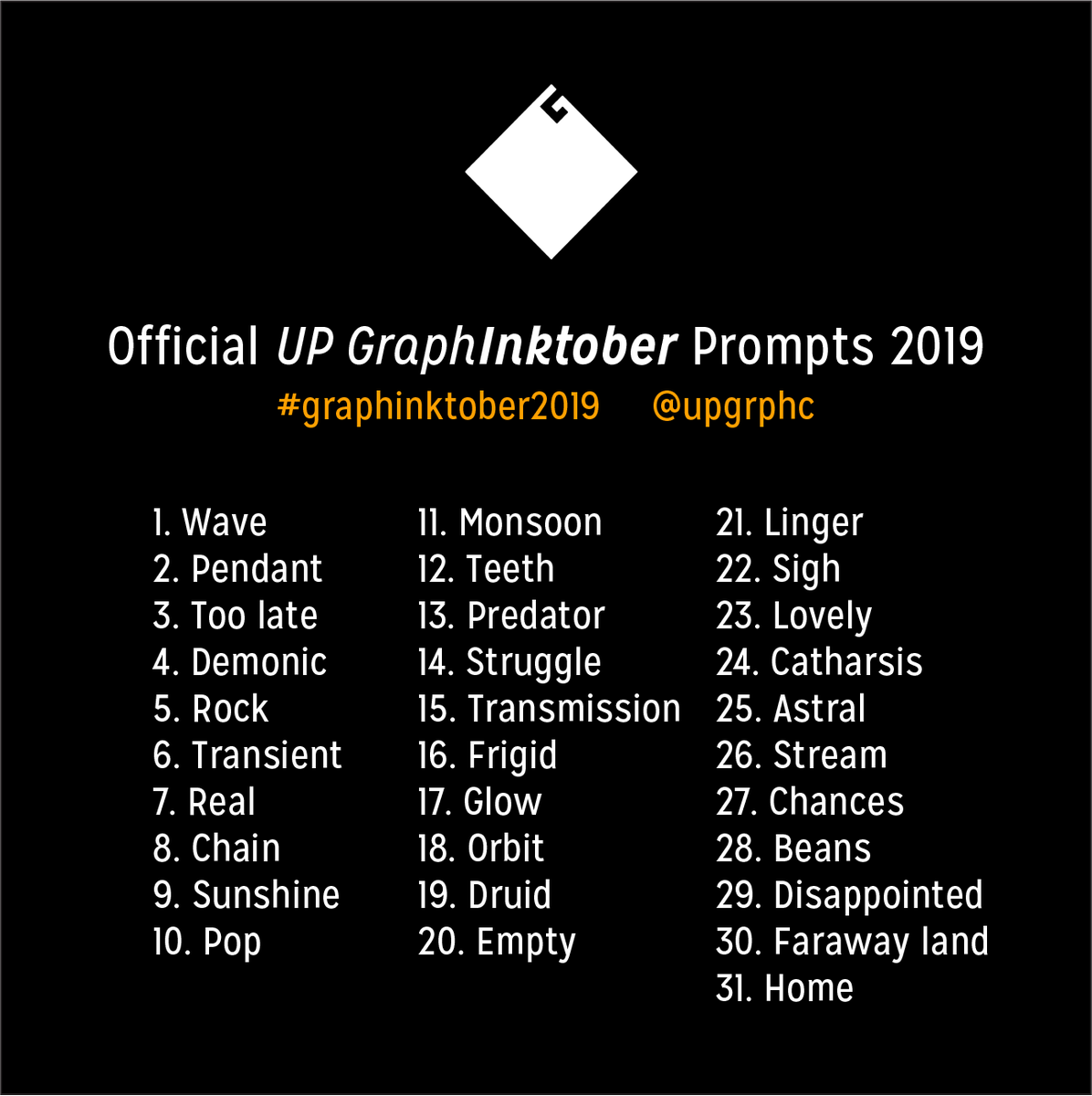 upgrphc's tweet photo. Inktober is just around the corner! We made our own #GraphInktober prompts for everyone to use.
Just tag us or use the hashtag, weโd love to see what you create โจ๐โจ https://t.co/j2nJAwPF0M