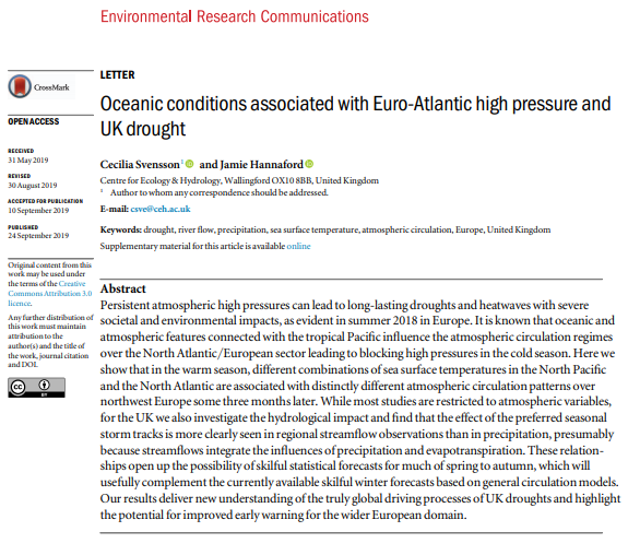 Maybe not the big news today, but, our paper on oceanic drivers of UK #drought is out. To understand (&amp; predict) drivers of UK #river flows, need a global view of interactions between Atlantic &amp; Pacific. Outcome from <a href="/HistDroughtsUK/">Historic Droughts</a> and @CEHScienceNews Hydro Outlooks work.
