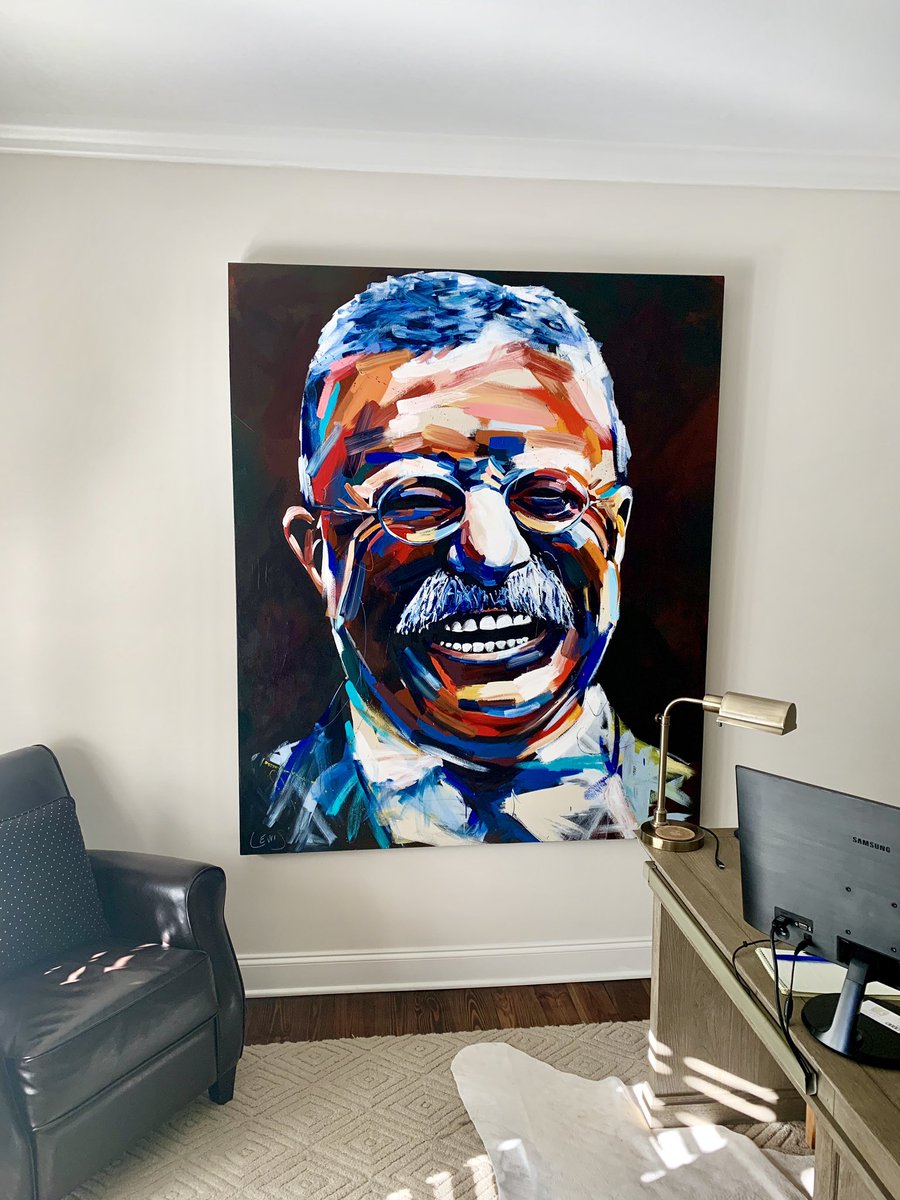 BIG Teddy Roosevelt painting. 6ftH x 5ftW. Acrylics on 2” deep canvas. I just love this famous Roosevelt photo, and had to recreate it.