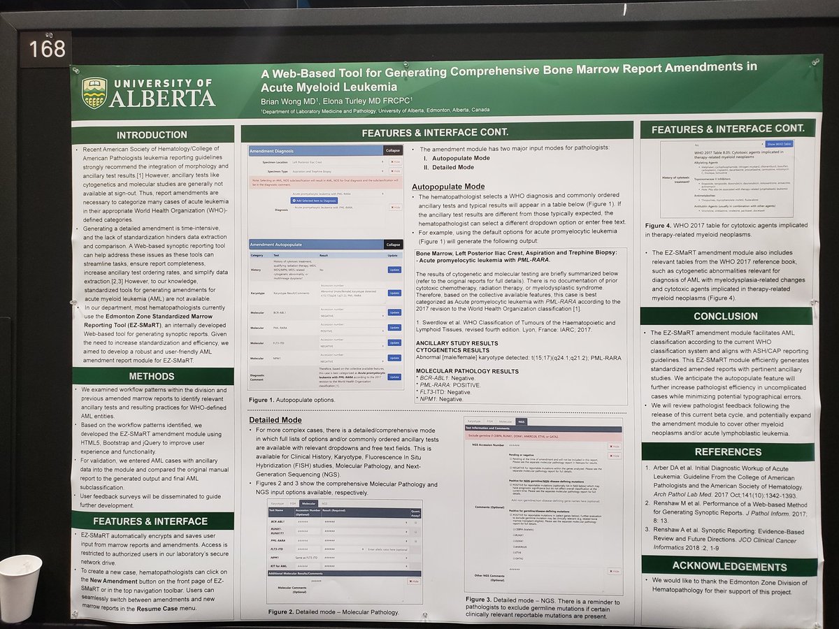 brianwong_path's tweet image. Come check out my poster on our web-based AML amendment module for our bone marrow synoptic reporting tool! Poster 168. #cap19orl #cap19 #informatics