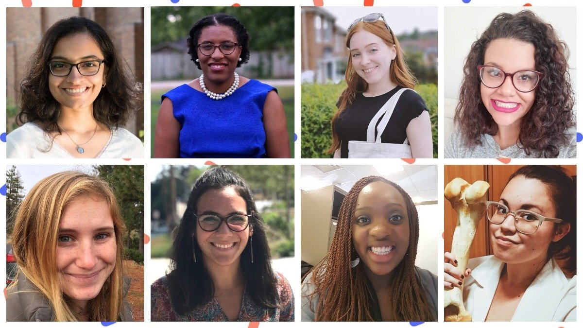 A collage of 8 photos, which are square-shaped close-ups of eight women in STEM who wrote the eight articles linked in the thread.