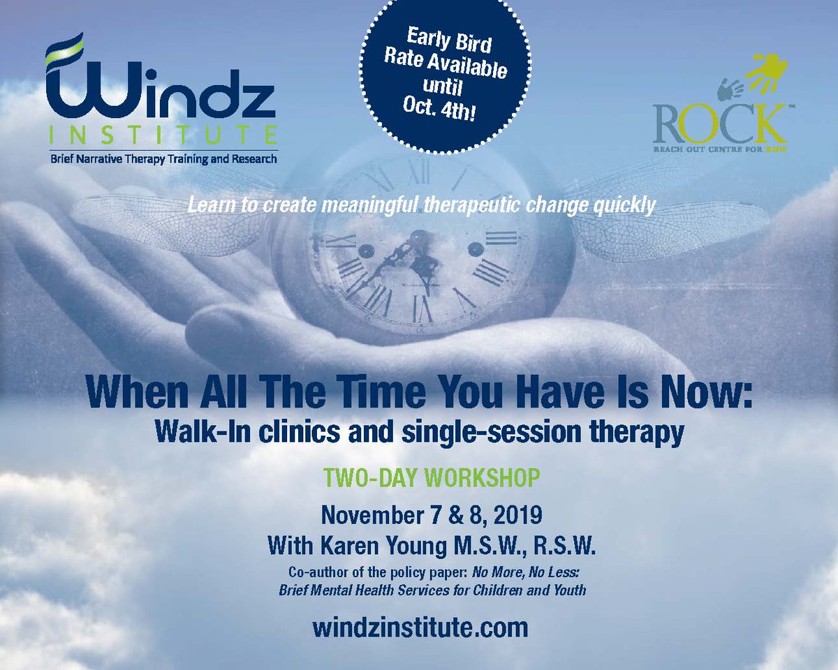 Register now to get the early bird rate until October 4! Visit windzinstitute.com/workshops.
#WindzInstitute #narrativetherapy #mentalhealth #novemberworkshop #walkinclinics #singlesessiontherapy #karenyoung