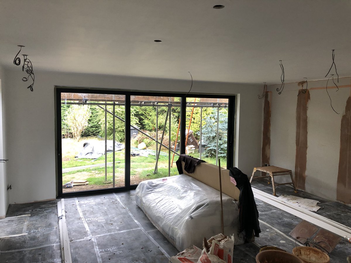 HarpendenWindow's tweet photo. Finished photos to follow, A lovely project nearing completion, Here we installed R7 flush eclectic grey windows and doors, Reynears aluminium CP130LS sliding patio doors, Solidor solid woodcore composite door, All looking very contemporary ❤️😎 Finished photos to follow. https://t.co/2f3TQlCY0C