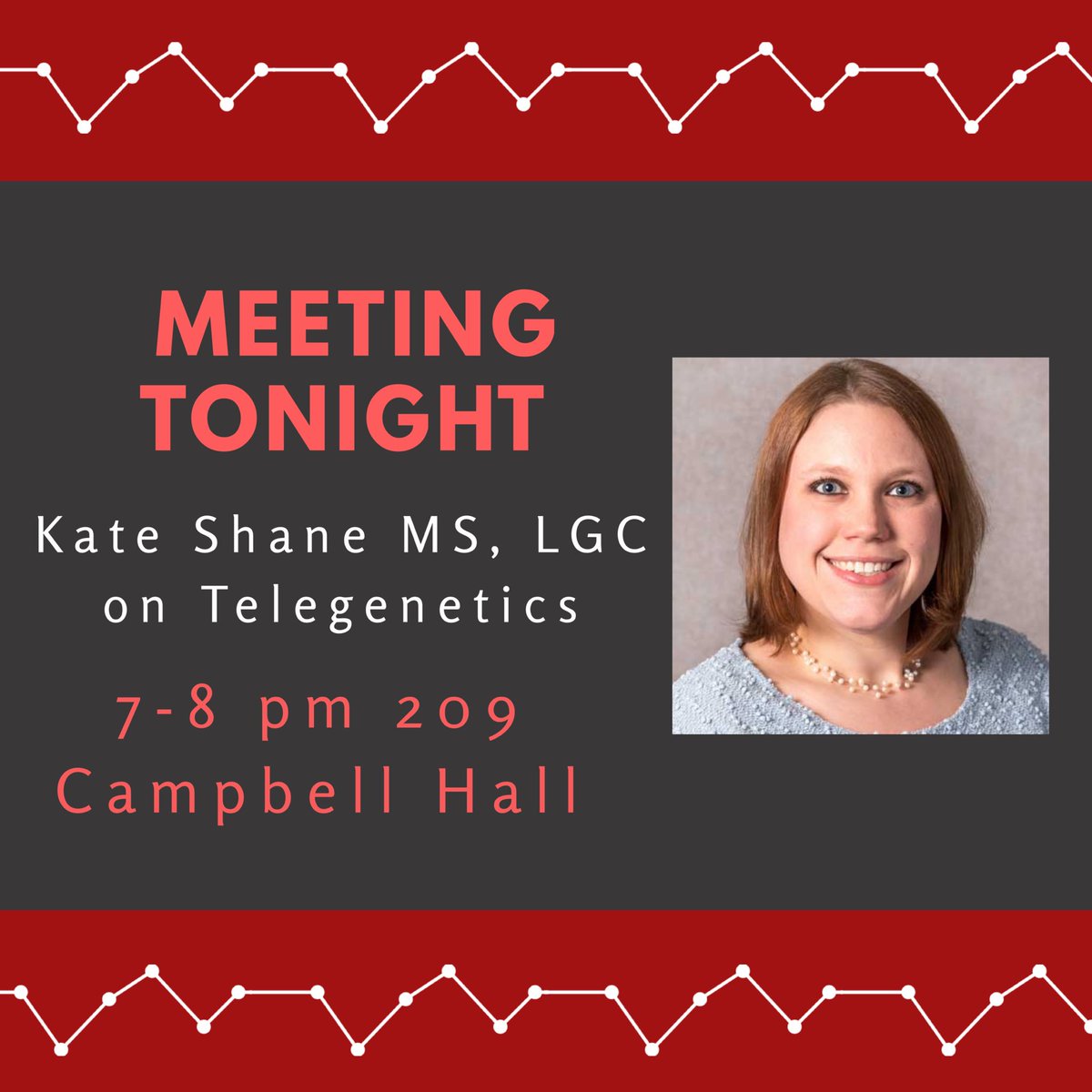 Reminder that we will be having a meeting TONIGHT, September 24th at 7-8 Pm in room 209 of Campbell Hall! 

Come out to hear from cancer genetic counselor and telegentics expert, Kate Shane, MS, LGC! See you all there!🧬