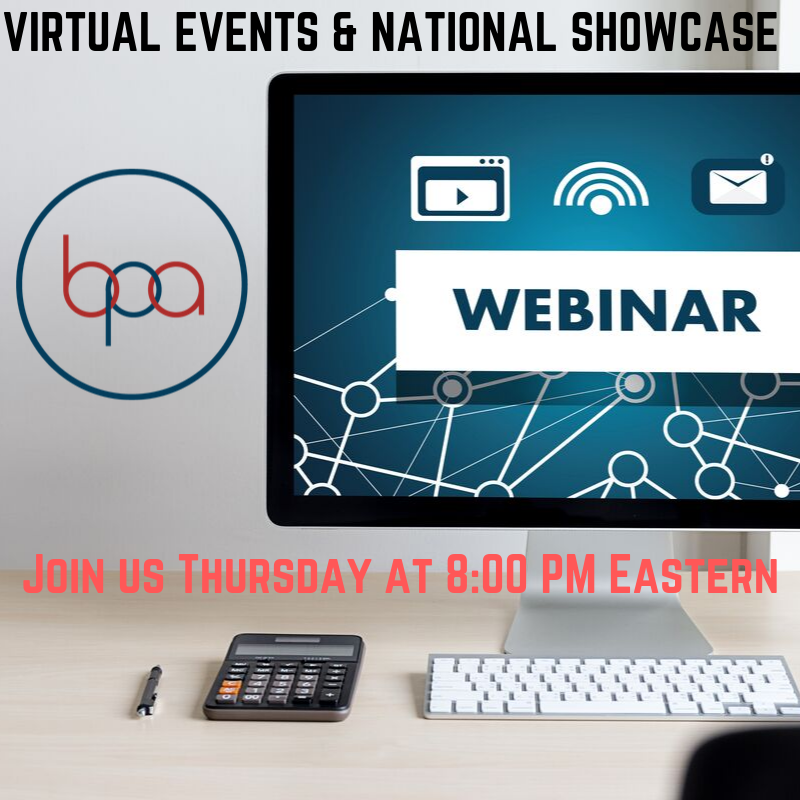 BPAconnect's tweet photo. Make plans to join us this Thursday, Sept. 26 at 8:00pm Eastern for our next #BPAWebinar. This week, we'll highlight our Virtual Events and the National Virtual Showcase that takes place at #BPANLC. Register online at: https://t.co/Gj2rlB6Uj5 #bpaallday https://t.co/hOwGRuCL25