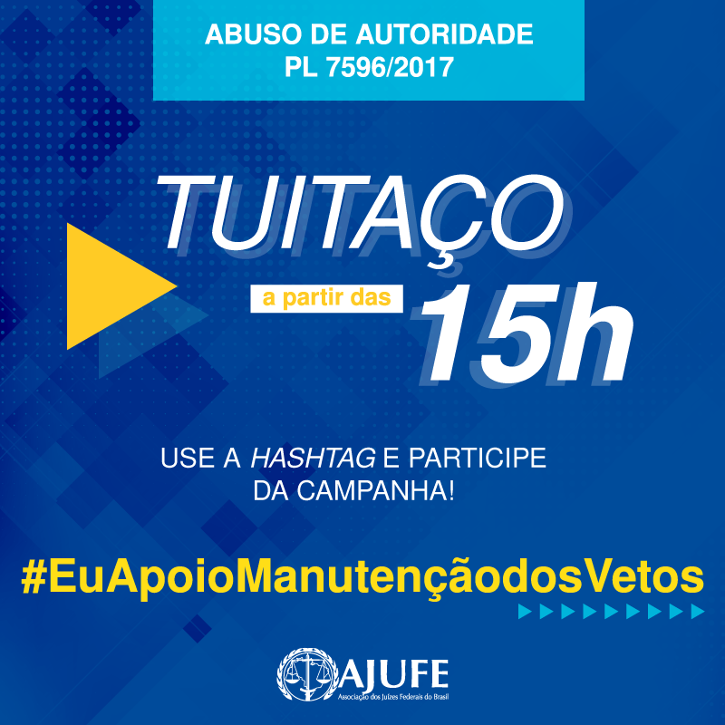 AJUFE_oficial's tweet photo. O Congresso deve analisar hoje (24) os vetos presidenciais ao PL de Abuso de Autoridade. A Ajufe defende a manutenção dos vetos para garantia da independência judicial e do combate à criminalidade. A AJUFE une-se à @ANPR_Brasil na campanha #EuApoioManutençãoDosVetos! Participe! https://t.co/MkIBKUBS7w