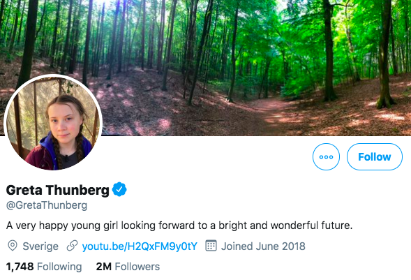 CBSNews's tweet photo. Greta Thunberg has changed her Twitter bio to include a phrase President Trump used to apparently mock her. Following her critical speech at the UN, Trump tweeted, “She seems like a very happy young girl looking forward to a bright and wonderful future.” https://t.co/8C4yiqnorM https://t.co/y7bcXo0CUX