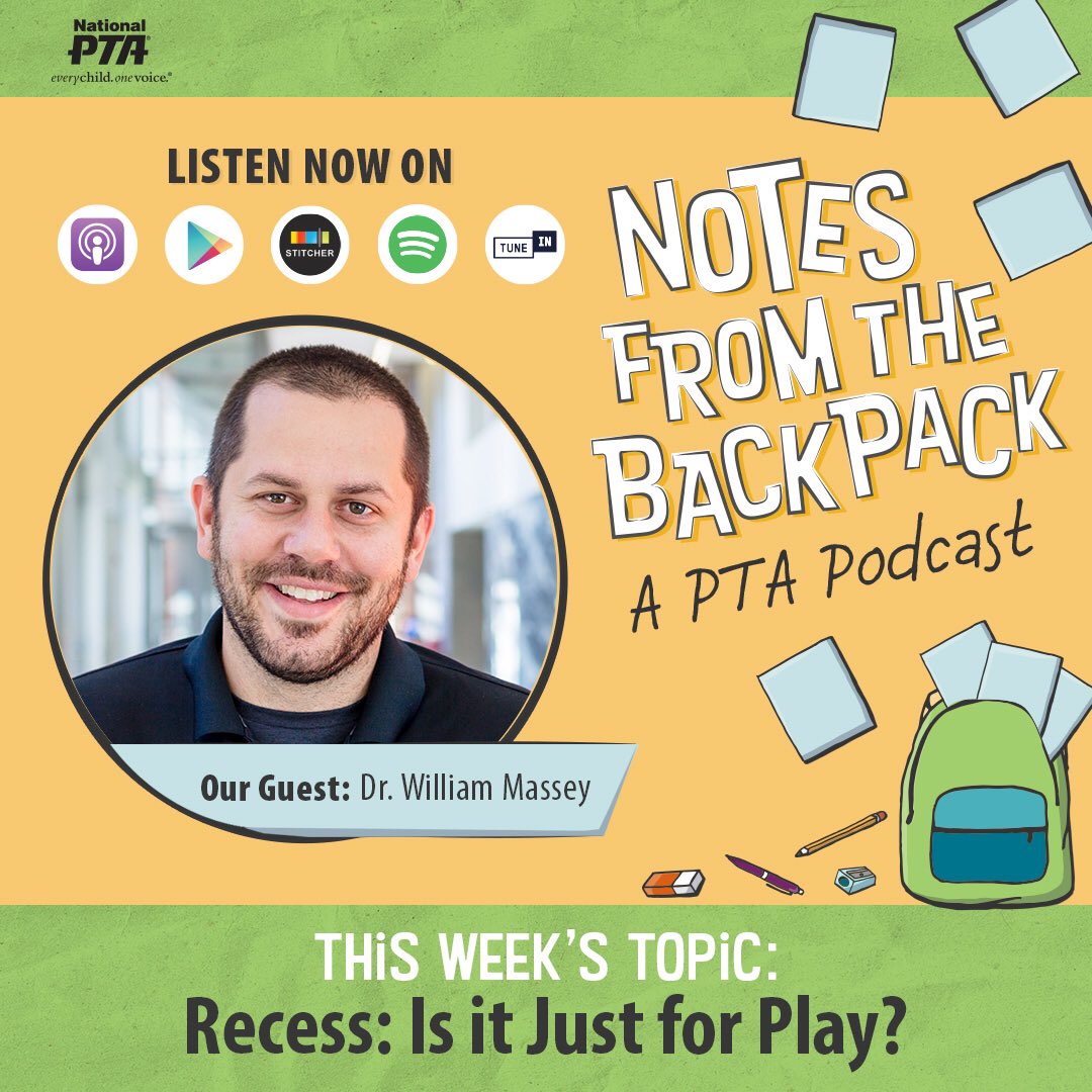2PLAYlabOSU's tweet image. Thanks to @NationalPTA for having @CPHHS @2PLAYlabOSU director, @wvmassey as a guest on their new podcast Notes from the Backpack! Our conversation provided some real insight on recess and its impact. Listen now on Apple Podcasts or pta.org/backpacknotes. #BackpackNotes