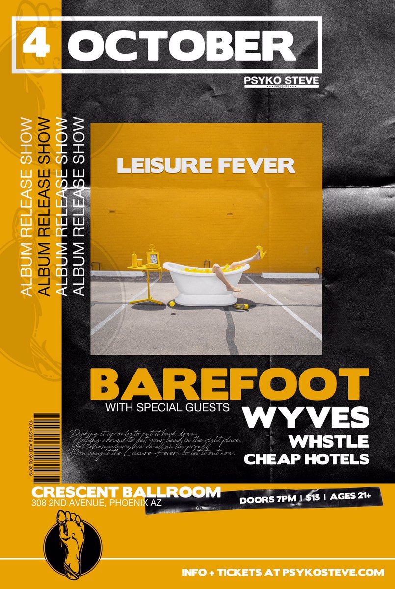 Don't miss the release party for @BarefootJams new album "Leisure Fever" - Friday October 4th at @CrescentPHX! With <a href="/Wyves_Band/">Wyves</a>, <a href="/whstleofficial/">WHSTLE</a> &amp; @cheaphotelmusic. Grab tickets now: leisurefeverrelease.eventbrite.com