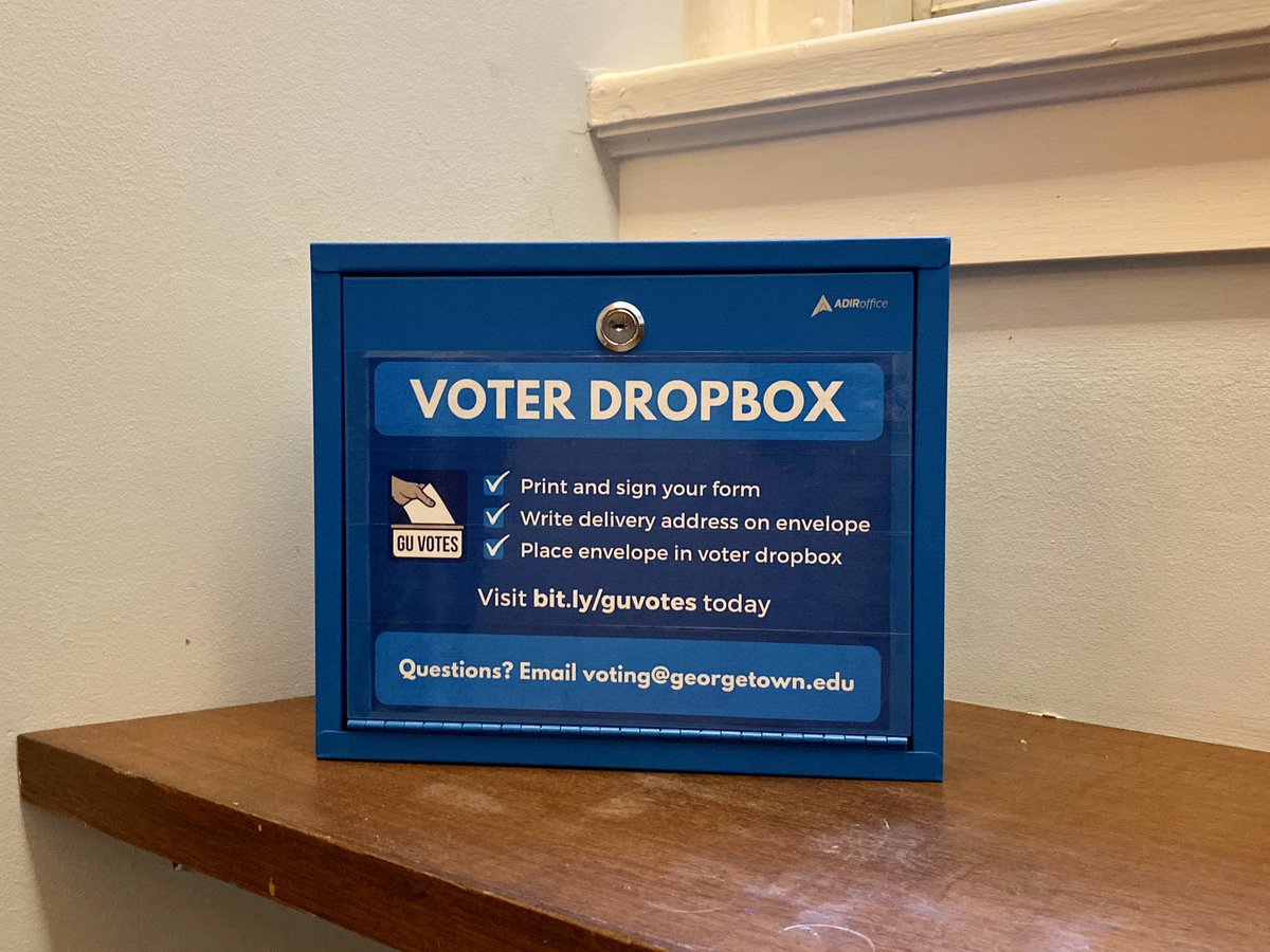 Need to send off a voter registration or absentee ballot request form? Voter Dropboxes with pre-stamped envelopes are now available across campus! Thanks to our partners <a href="/GSPhoyas/">GSP</a>, <a href="/georgetownsfs/">Georgetown SFS</a>, and <a href="/TheCorp/">The Corp</a> — visit bit.ly/guvotes for a full list of locations.