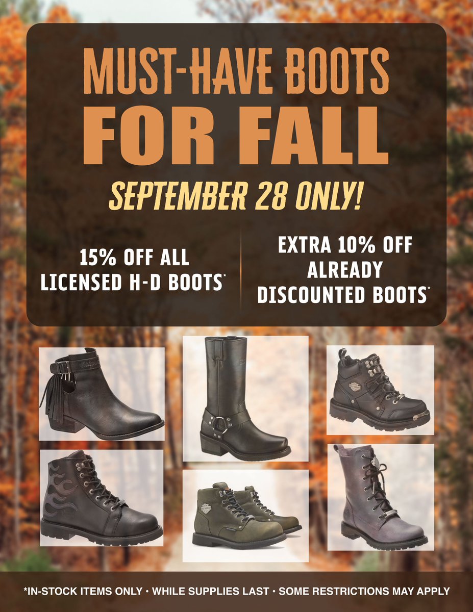 FrontierHD's tweet photo. πππ SATURDAY ONLY gear up with boots for your long fall rides! Get 15% off all licensed H-D boots & 10% off already marked down boots!! π
#FrontierHD #HarleyDavidson #LincolnNE #Nebraska #Omaha #GBR #LincolnNebraska #GrandIsland #CentralNebraska #NebraskaRiders https://t.co/tMPEA4s1BH