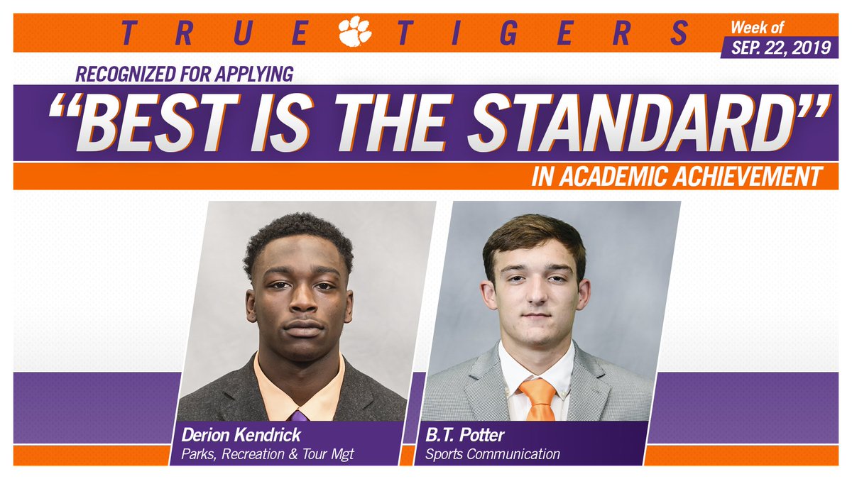 ClemsonFB's tweet photo. "Best is the standard" on AND off the field... Congratulations to Derion and B.T. for leading the way in the classroom! #PAWjourney 🐅🐾 #ALLIN . https://t.co/LjptQUOTIR