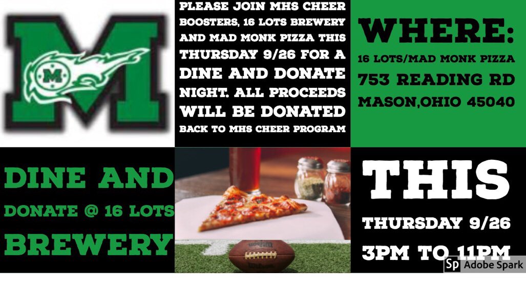 Mason Cheerleading (@cheermhscomets) on Twitter photo Head out to 16 Lots Brewery and Mad Monk Pizza this Thursday from 3-11pm and mention the Dine and Donate night to help our MHS Cheer program! We appreciate your support and the continued support of 16 Lots! Go Comets! 💚 <a href="/MasonSchools/">Mason City Schools</a> <a href="/Mason_BlackHole/">Black Hole</a> <a href="/imaginemason/">City of Mason Ohio</a> Head out to 16 Lots Brewery and Mad Monk Pizza this Thursday from 3-11pm and mention the Dine and Donate night to help our MHS Cheer program! We appreciate your support and the continued support of 16 Lots! Go Comets! 💚 <a href="/MasonSchools/">Mason City Schools</a> <a href="/Mason_BlackHole/">Black Hole</a> <a href="/imaginemason/">City of Mason Ohio</a>