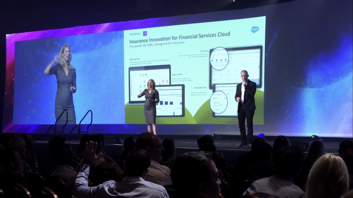 mjgradel's tweet photo. @eranagrios and Rob Seaman wowing the audience with the announcement of @Salesforce Insurance Innovation for Financial Services Cloud at #ITC2019 #FinServForce https://t.co/i2WlWYIOCT