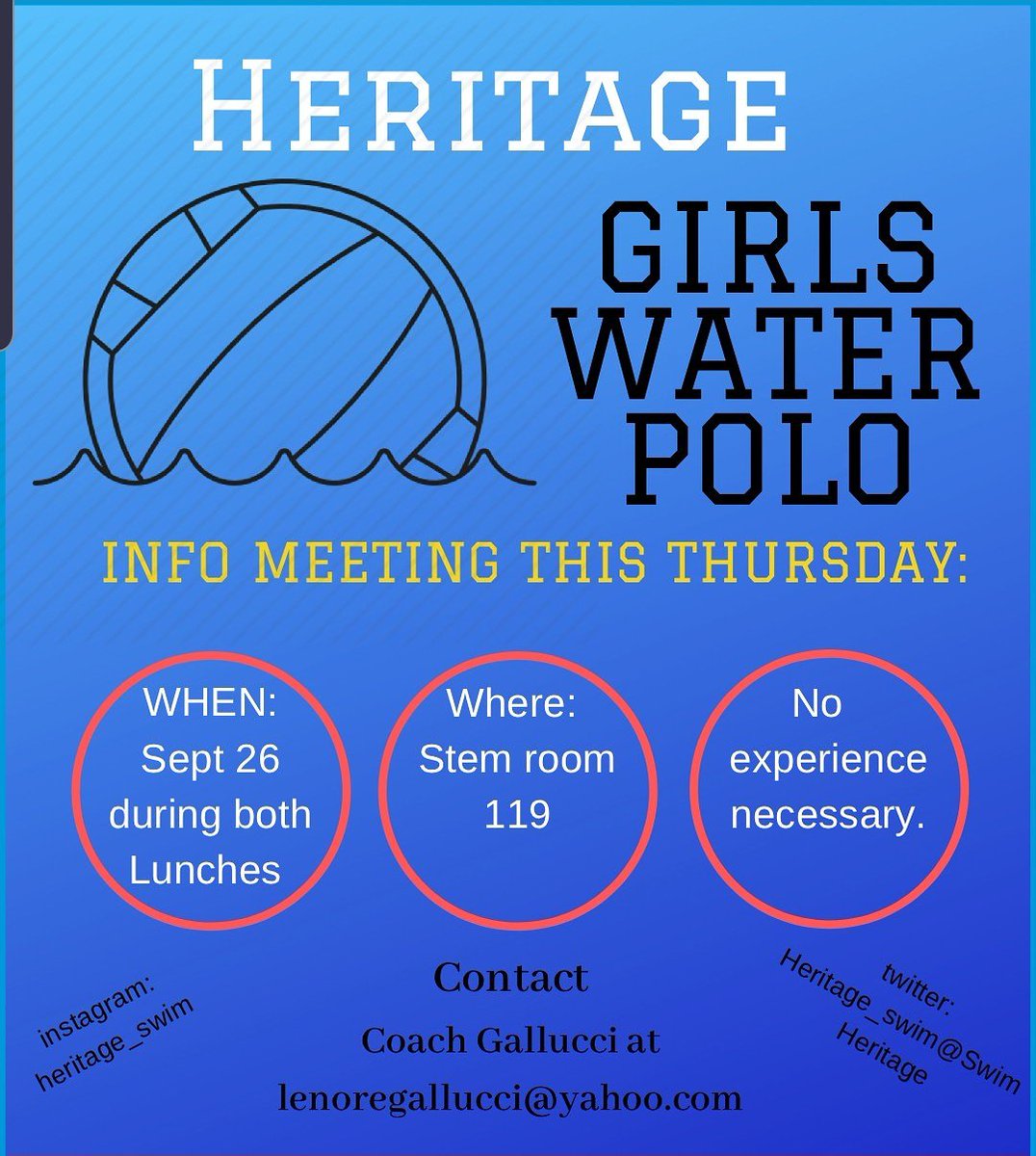 Girls polo info meeting Thursday during lunches. Help spread the word!! <a href="/Pats_Athletics/">Patriot Athletics</a> <a href="/Erika_Tejeda_/">Erika Tejeda Ed.D.</a> <a href="/HeritageASB/">HeritageASB</a> <a href="/HeritageHS_VB/">Patriot Volleyball</a> <a href="/HeritageHSPats/">HHS Patriots</a> @HeritageAvid <a href="/HHSPatriotPit/">HHS Patriot Pit</a>