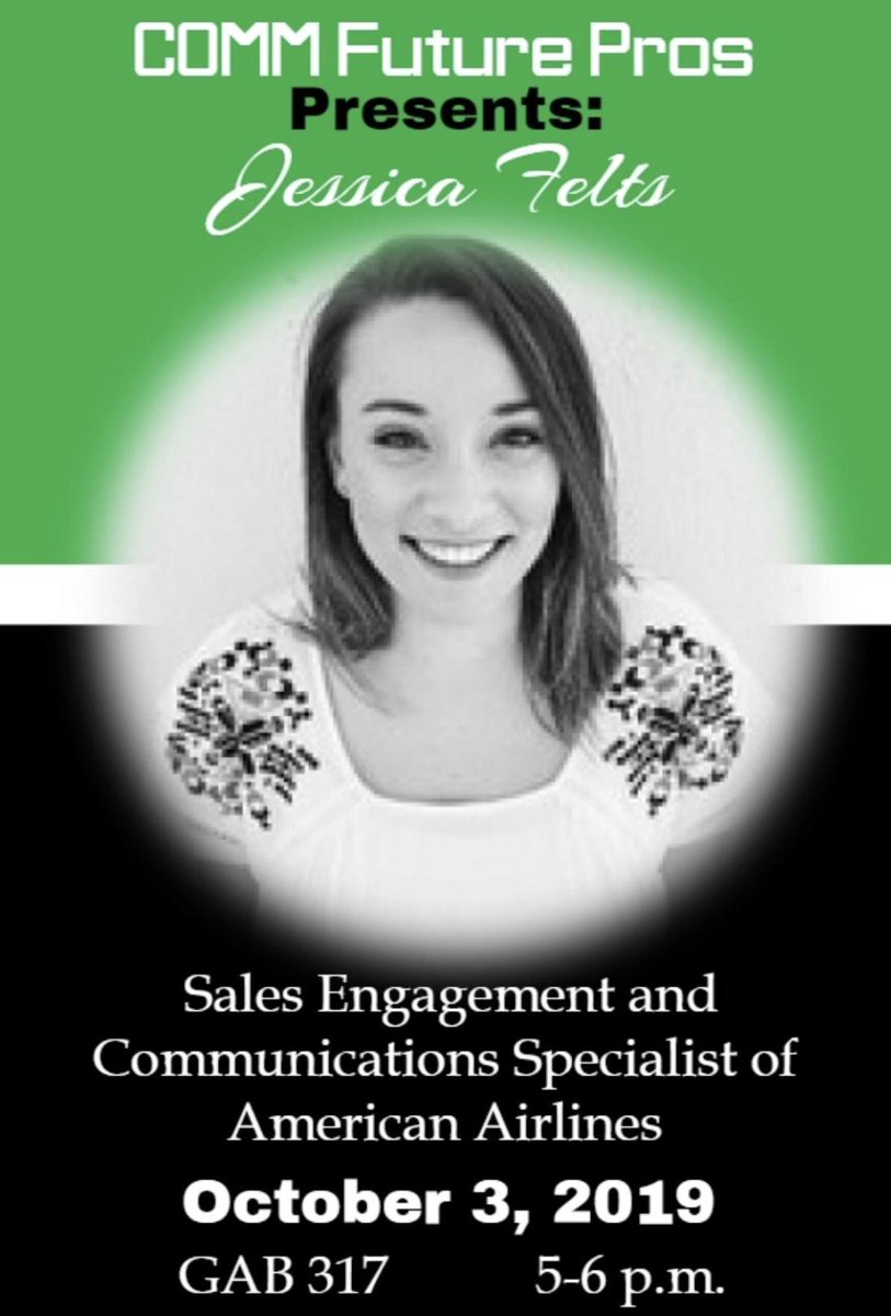 UNTComm's tweet photo. The Comm Future Pros are having their first guest speaker, (Jessica Felts from American Airlines) next Thursday, Oct. 3 from 5-6 p.m. And guess what? There will be FREE PIZZA ! So come on out to hear about her position as a communication specialist! #UNT #UNTCOMM 
@heavenleegarza https://t.co/fHwJ9EEnpk