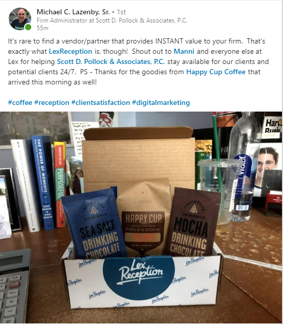 LEX_Reception's tweet photo. Getting feedback from our clients is always great!
We love that we can connect with our clients in a meaningful way and brighten their day in the process.
Thank you Michael from Scott D. Polluck & Associates, PC!
#clientfeedback #law #Lawyers #lexreception https://t.co/hrzcysVfY4