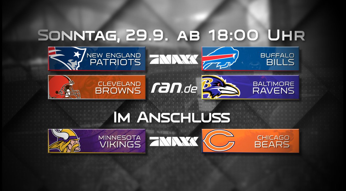 ProSiebenMAXX's tweet photo. #ranNFL Woche 4: SO, 19 h #NEvsBUF @stecker_jan @EsumePatrick, 22:25 h #MINvsCHI Morawe @volkerschenk26, Stream only: #CLEvsBAL @RomanMotzkus.
#ranCollege: SA, 17:45 h @AggieFootball at @RazorbackFB @EsumePatrick @BjoernWerner @vermuellert @Max_Zielke. https://t.co/PrbLVjscK9