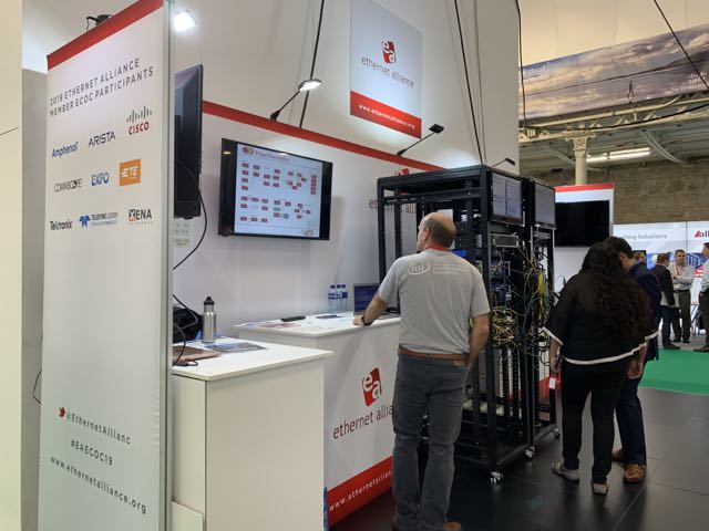 EthernetAllianc's tweet photo. The @EthernetAllianc booth at #ECOC19 continues to be a destination for attendees looking to learn more about the latest in interoperable #Ethernet technologies. Thanks to everyone who stopped by for a look at this year's #EAECOC19 demo! #interoperabilty https://t.co/IAW2w4wtwq