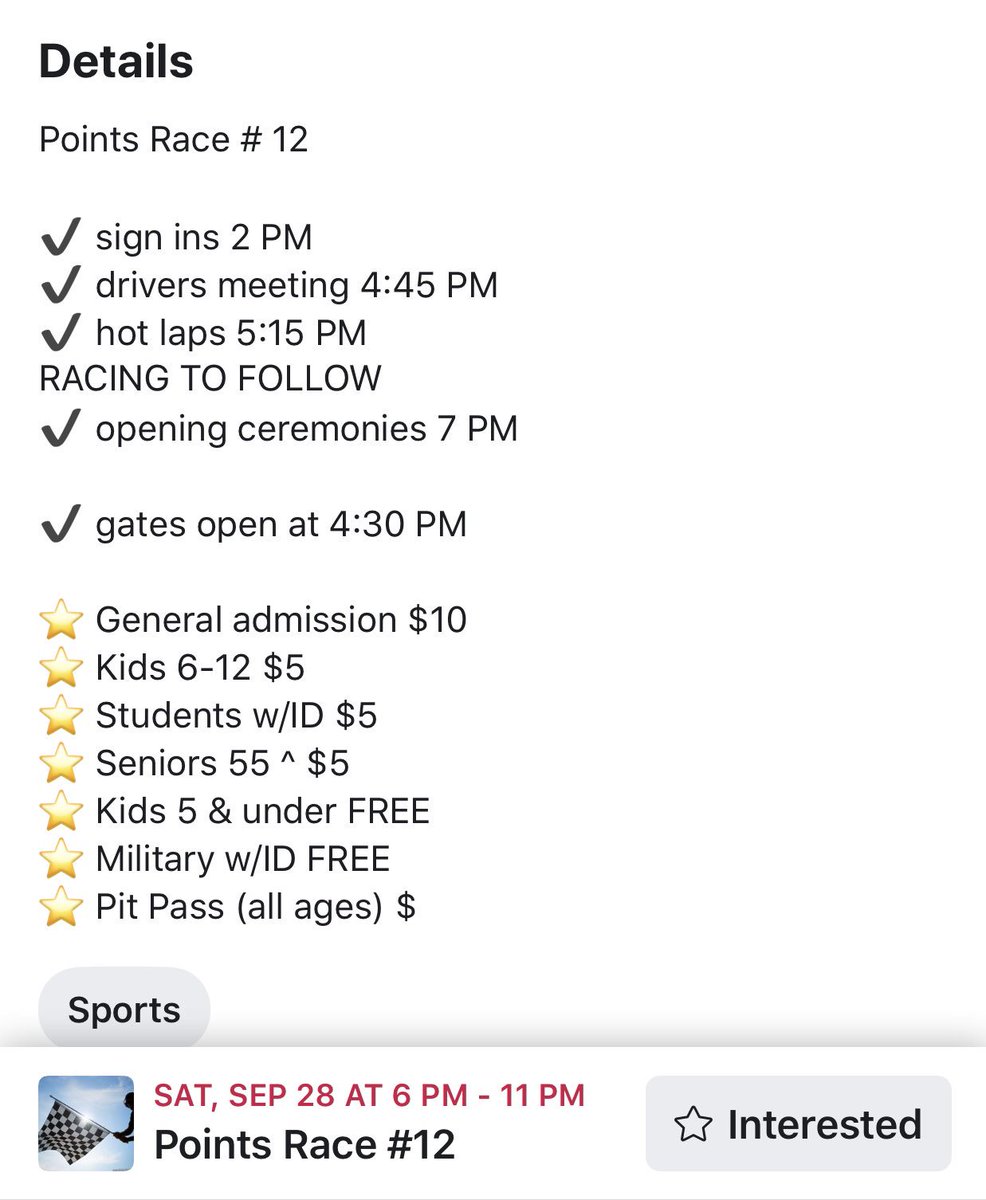 Second to last points Race! Come out and enjoy some awesome racing, great food and ice cold bud light products 🏁