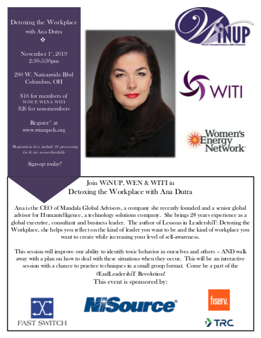 WITI_Columbus's tweet photo. Join WiNUP, WEN & WITI in Detoxing the Workplace with Ana Dutra!
#EndLeadershIT #witi #witicolumbus #wen #winup #womenintechnology #womenintech #leadership #workshop #professionaldevelopment #nisource https://t.co/Mxzq0eZcPw https://t.co/9Hi2QbXHlc