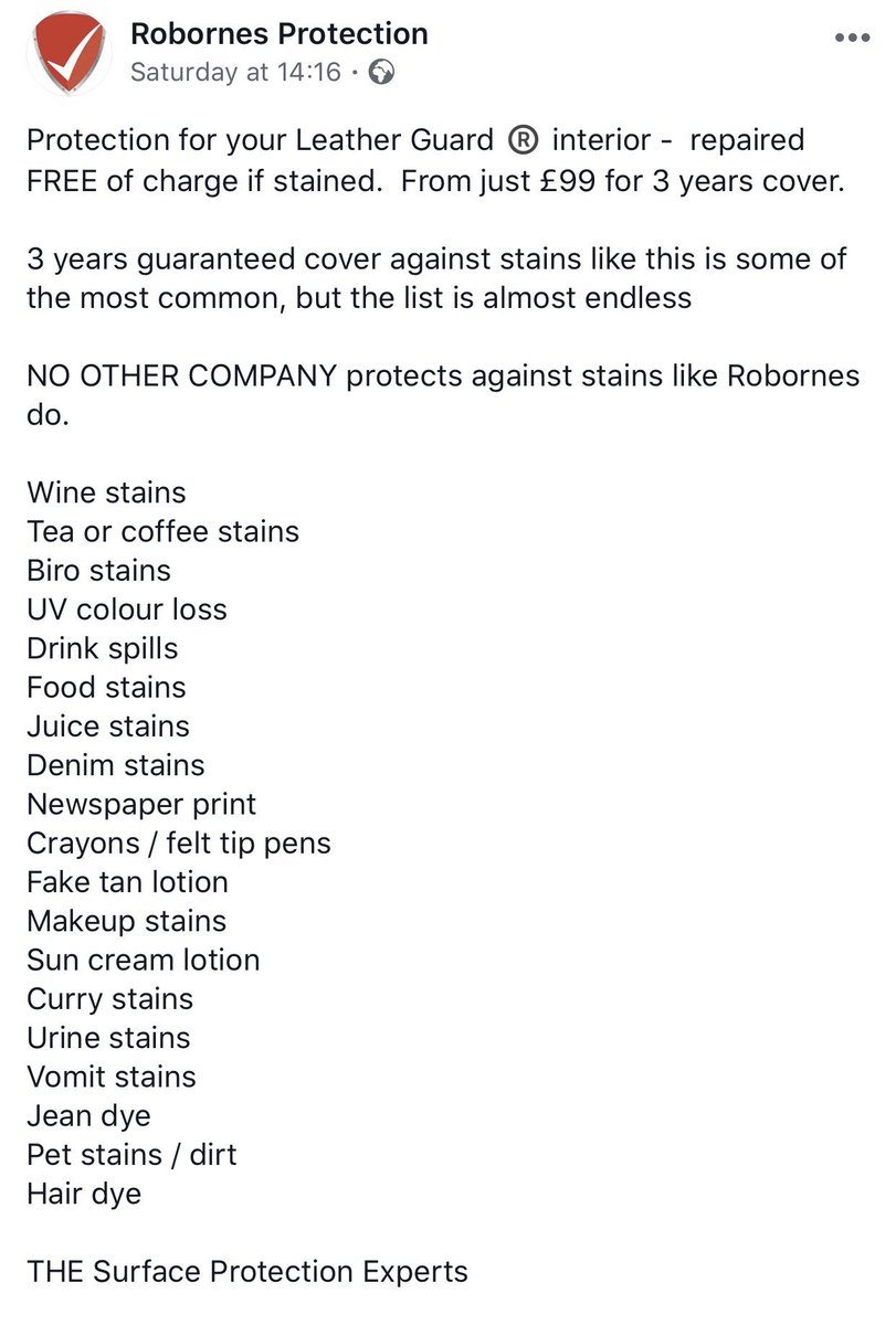 RobornesPro's tweet photo. Protection for your Leather Guard ®️ interior -  repaired FREE of charge if stained.  From just £99 for 3 years cover. 

#robornespro #leatherguard https://t.co/mG6rksp6sE