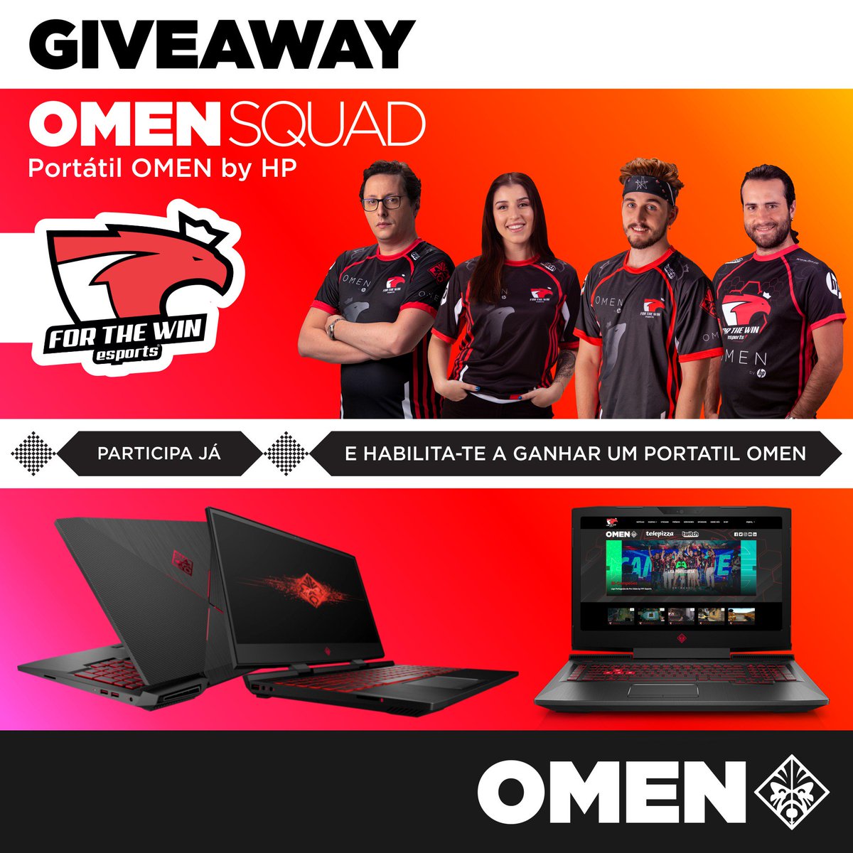 Amigos, como já tinha sido prometido na Comic Con, eis o GIVEAWAY que tinha sido anunciado com a OMEN SQUAD! 

Está na altura de te habilitares a um GANDA PORTÁTIL da <a href="/OMENbyHP/">OMEN</a> !

PARTICIPA EM: bit.ly/OmenSquad

<a href="/ftwesports/">FTW | For The Win Esports</a> #ftwesports #OmenSquadFTW