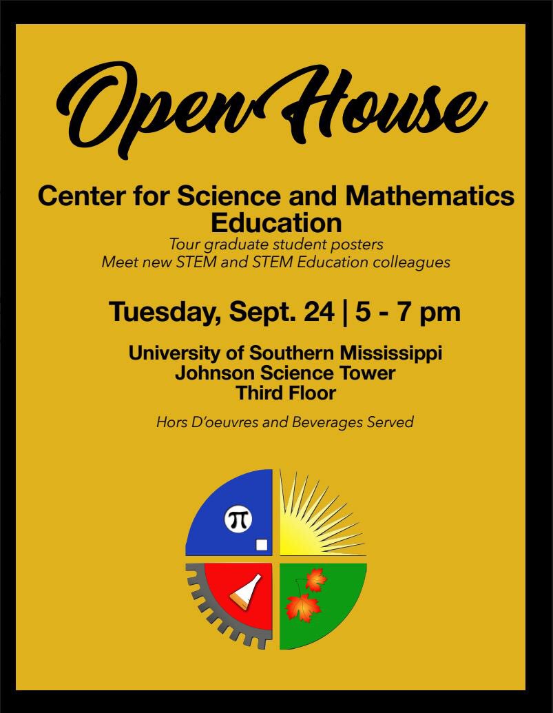 JulieCwikla's tweet photo. Please stop in after work today for a bite at 5:00 for our Open House at the Center for Science and Mathematics Education @SouthernMiss #SMTTT #STEMed https://t.co/yVlkfyTnpE
