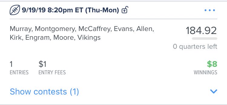 datdfsdude23's tweet photo. Big week this week! So far have cashed in 2/3 weeks! Promise to post more winnings lol #nfl #dfs https://t.co/sKnojQlgeA