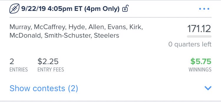 datdfsdude23's tweet photo. Big week this week! So far have cashed in 2/3 weeks! Promise to post more winnings lol #nfl #dfs https://t.co/sKnojQlgeA