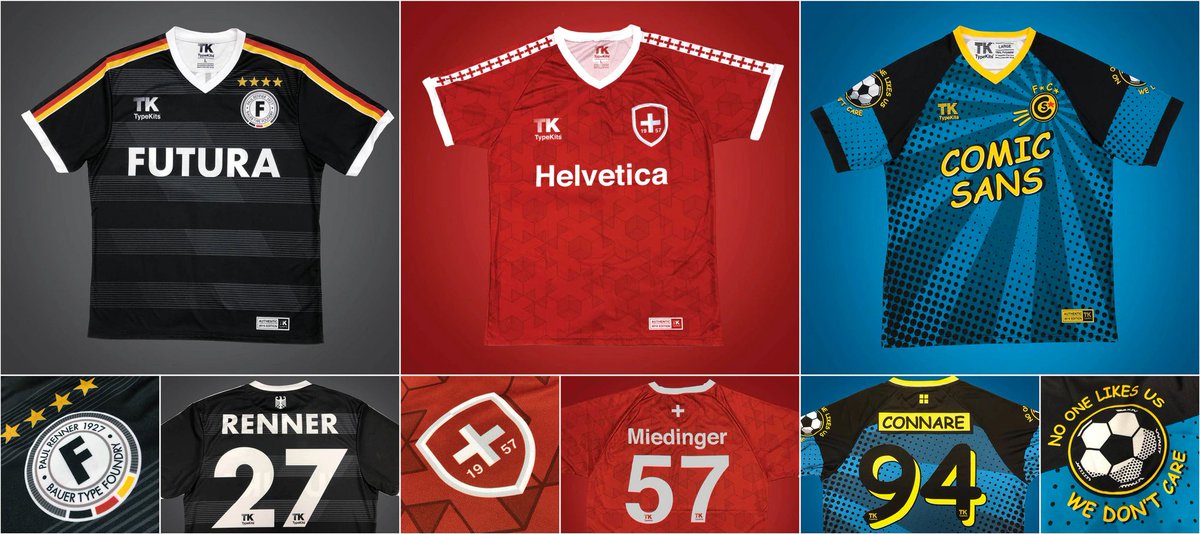 Today on Brand New (Linked): TypeKits by Mark Jenkinson celebrate six famous typefaces and their designers in the form of football kits — currently on Kickstarter underconsideration.com/brandnew/archi…