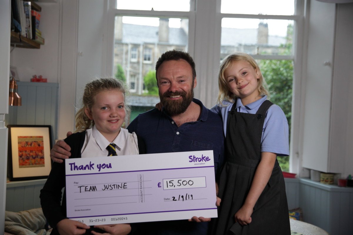 StrokeScotland's tweet photo. Stephen and 'Team Justine' have raised over £15,000 so far in memory of Stephen's wife Justine. They are taking on the 10k at the @GreatScotRun on Sunday. Good luck to all our runners in the half &amp; the 10k! https://t.co/BK4nKSV9Sk